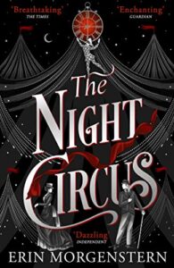 Image shows title page of book - The Night Circus. Very dark background with white dotted outline of circus big top