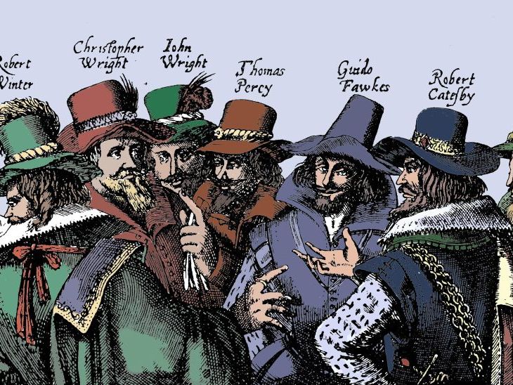 Cartoon of the conspirators in the Gunpowder Plot